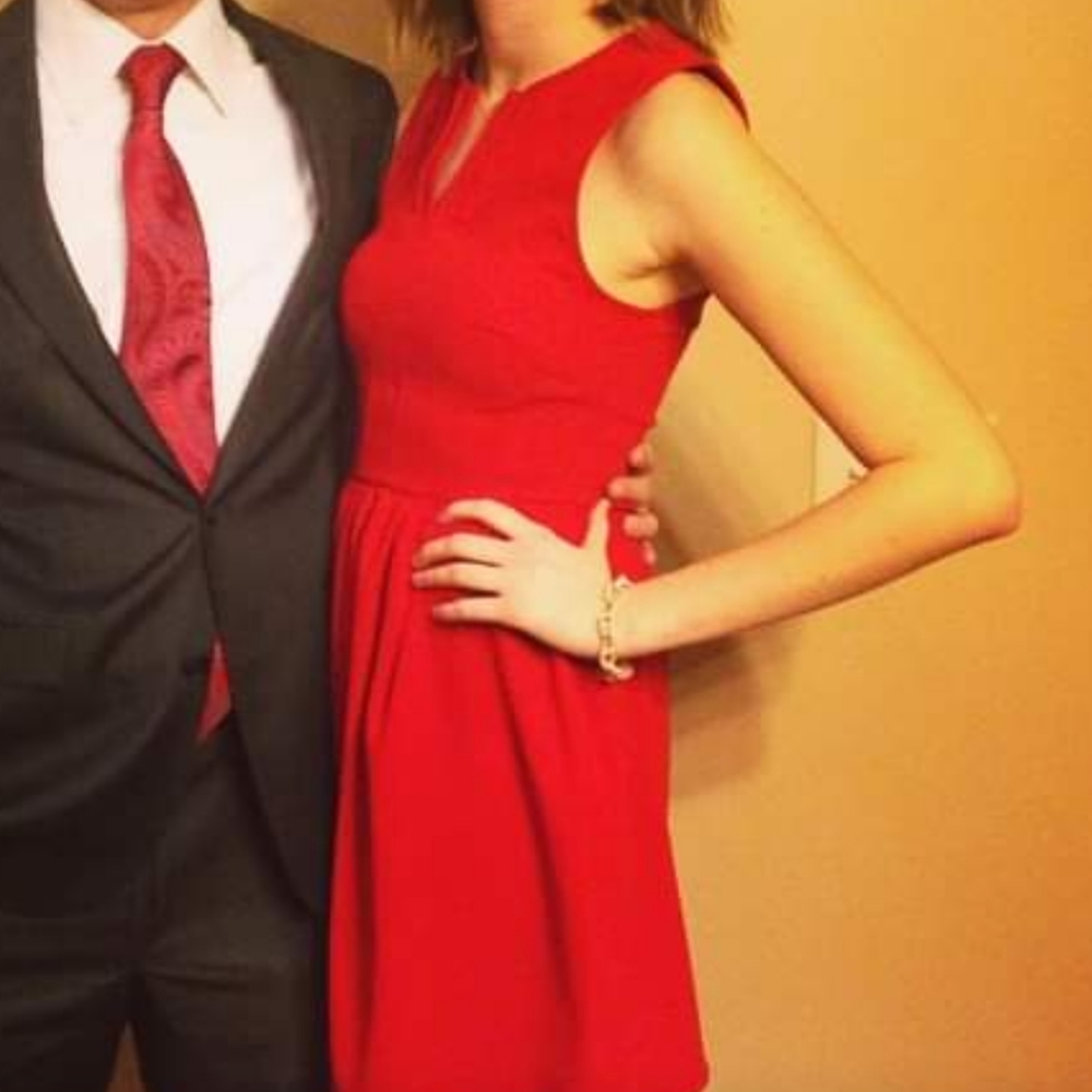 Red split neck mini dress